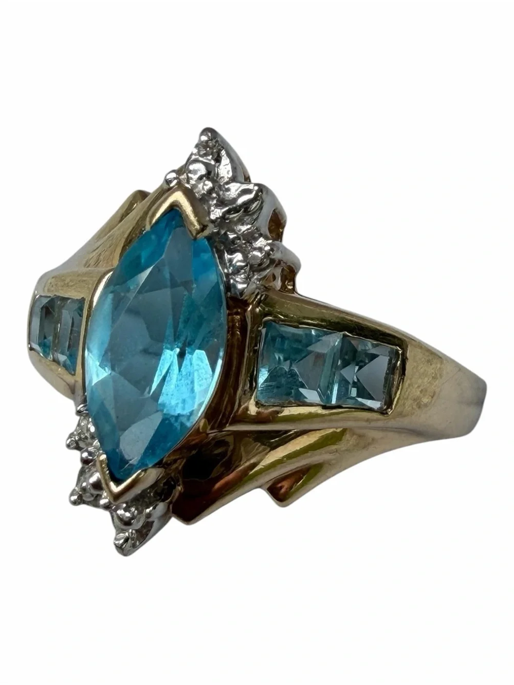 Gold 10K Ring with Marquise Blue Topaz Stone and Diamond Accents Ring Size 7
